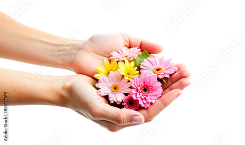 Natural hand cream advertisement with colorful daisies in female hands on white background, skin care product promotion with fresh flowers, beauty and wellness concept