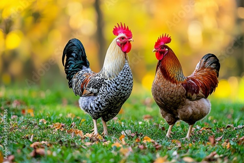 Two Roosters Facing Each Other in a Grassy Field photo