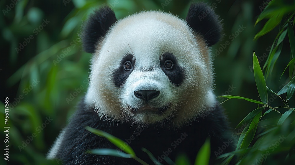 Fototapeta premium Peaceful Giant Panda Enjoying Bamboo Feast in Lush Forest Serenity
