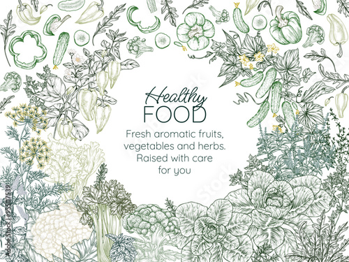 Vector illustration healthy food. Vegetables and greens in green tones. Parsley, dill, cucumber, cabbage, broccoli, basil, rocket, mint, pepper, thyme, rosemary, salad, celery, cauliflower 