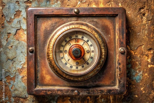 Retro-style analog thermostat with worn bronze exterior and rusty mechanical components, displaying a temperature reading on a faded dial with Arabic numerals. photo