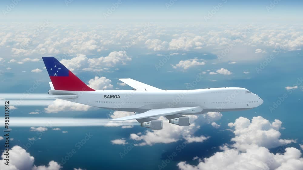 Commercial Airliner Passanger Plane Jumbo Jet Flying over Clouds with Country Flag Samoa Commercial Airliner Passanger Plane Jumbo Jet Flying over Clouds with Country Flag Samoa