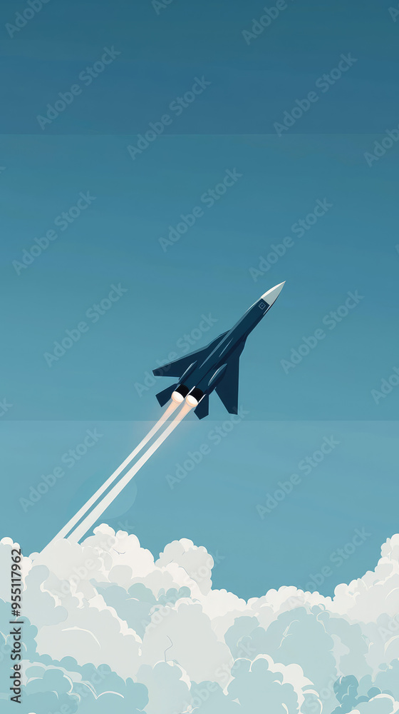 Fototapeta premium Breaking Through the Clouds: A Fighter Jet Ascends into a Clear Blue Sky