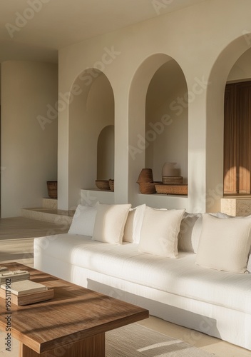 Modern living room with white sofa and accent coffee table against a Japanese arch wall. Minimalist, japanese interior design.