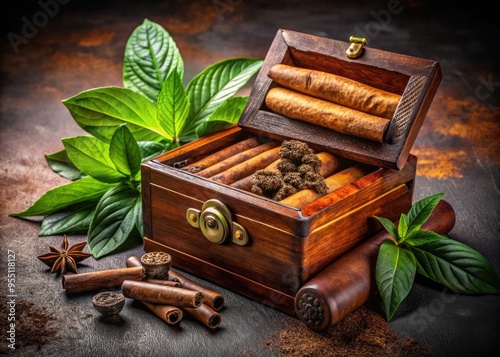 Richly colored, ornate wooden humidor box overflowing with premium, handcrafted cigars, surrounded by loose tobacco leaves and rustic, antique smoking accessories on a velvet backdrop. photo