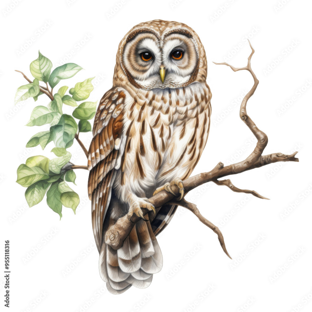 Fototapeta premium Barred Owl Perched on Branch with Green Leaves