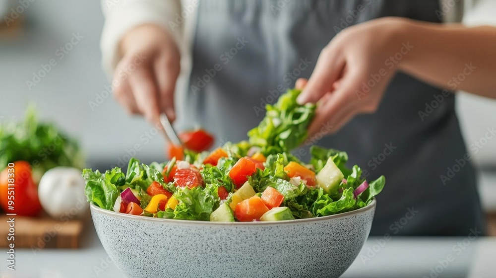 Preparing a healthy salad in a bright kitchen, colorful vegetables in watercolor, Making Salad, Nourishing daily routine Preparing a healthy salad in a bright kitchen, colorful vegetables in watercolor, Making Salad, Nourishing daily routine