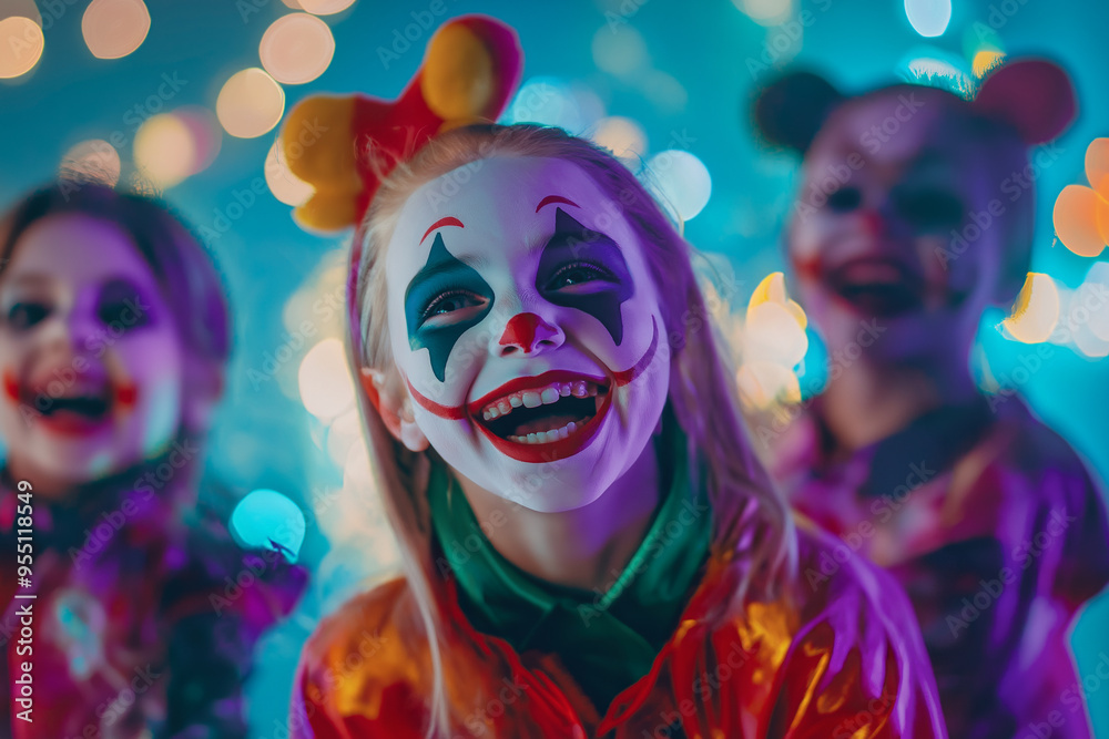 Children Halloween. Children dressed as creepy clowns with vibrant makeup and colorful costumes Children Halloween. Children dressed as creepy clowns with vibrant makeup and colorful costumes
