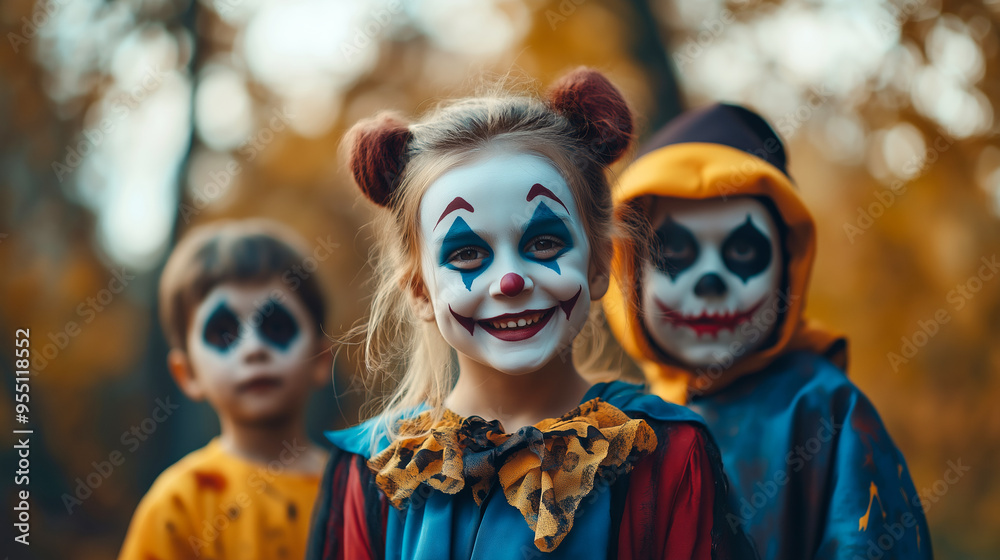 Children Halloween. Children dressed as creepy clowns with vibrant makeup and colorful costumes Children Halloween. Children dressed as creepy clowns with vibrant makeup and colorful costumes