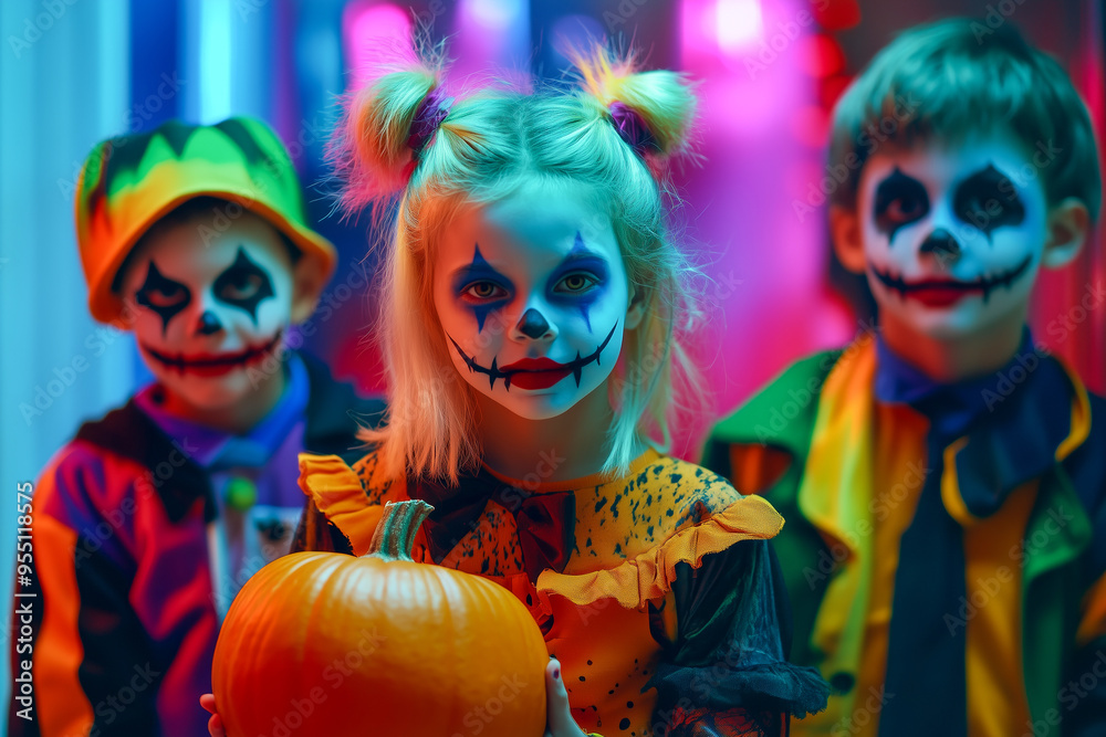 Children Halloween. Children dressed as creepy clowns with vibrant makeup and colorful costumes Children Halloween. Children dressed as creepy clowns with vibrant makeup and colorful costumes