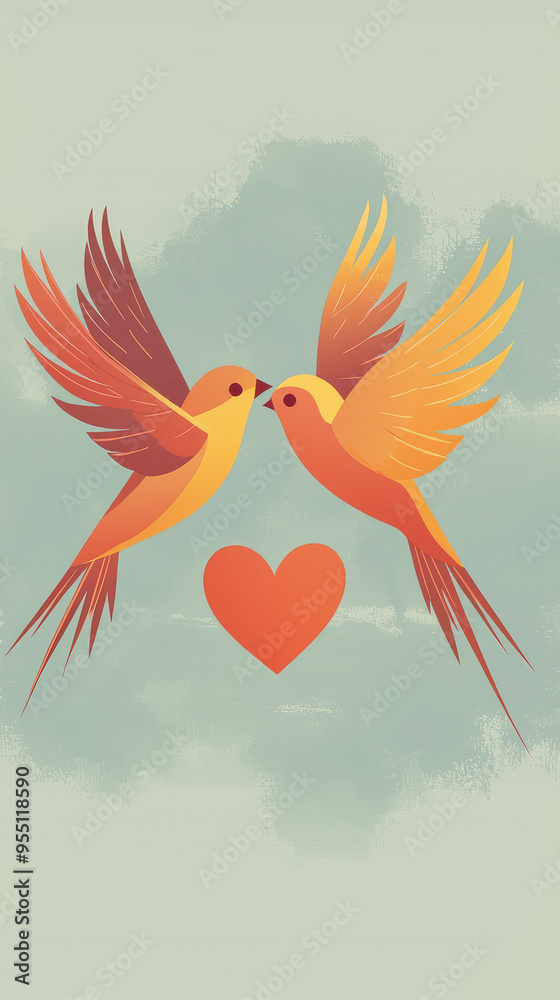 Two Lovebirds in Flight, Beaks Touching, a Red Heart Suspended Between Them, Against a Soft Blue-Green Sky. Two Lovebirds in Flight, Beaks Touching, a Red Heart Suspended Between Them, Against a Soft Blue-Green Sky.