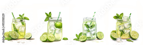 lime juice in mason jars flat illustrations collection isolated on a white background