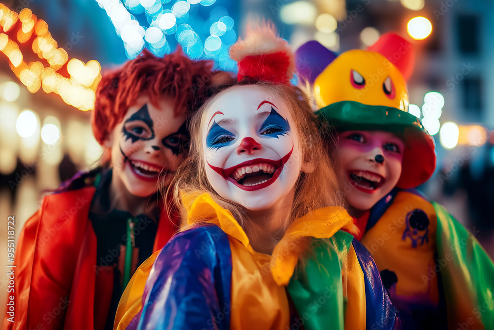 Children Halloween. Children dressed as creepy clowns with vibrant makeup and colorful costumes Children Halloween. Children dressed as creepy clowns with vibrant makeup and colorful costumes
