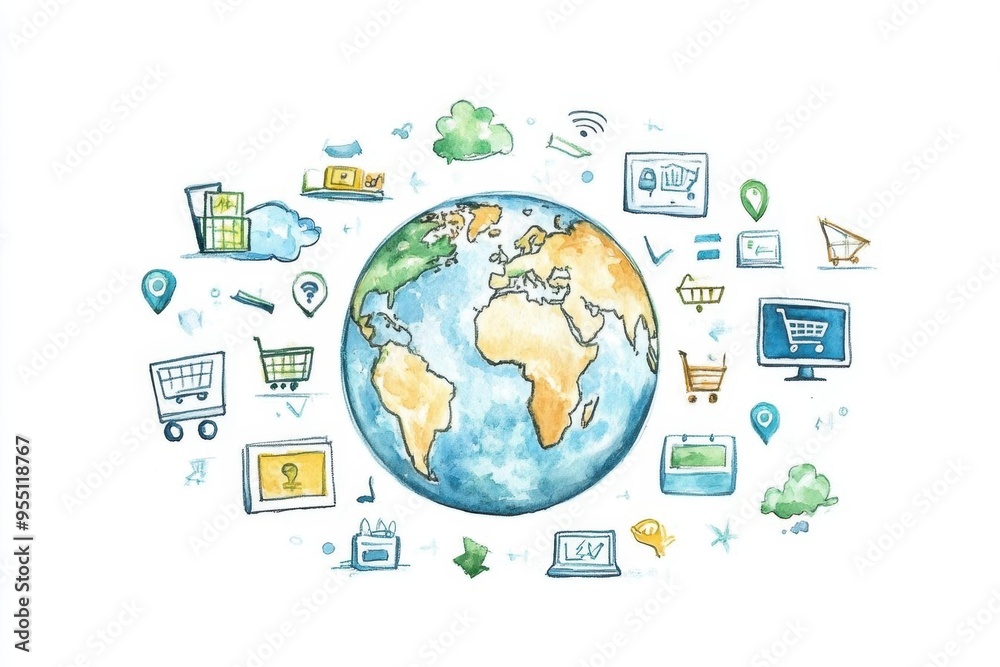 Watercolor art of a globe surrounded by floating e-commerce icons and analytics symbols, global sales, e-commerce trends Watercolor art of a globe surrounded by floating e-commerce icons and analytics symbols, global sales, e-commerce trends