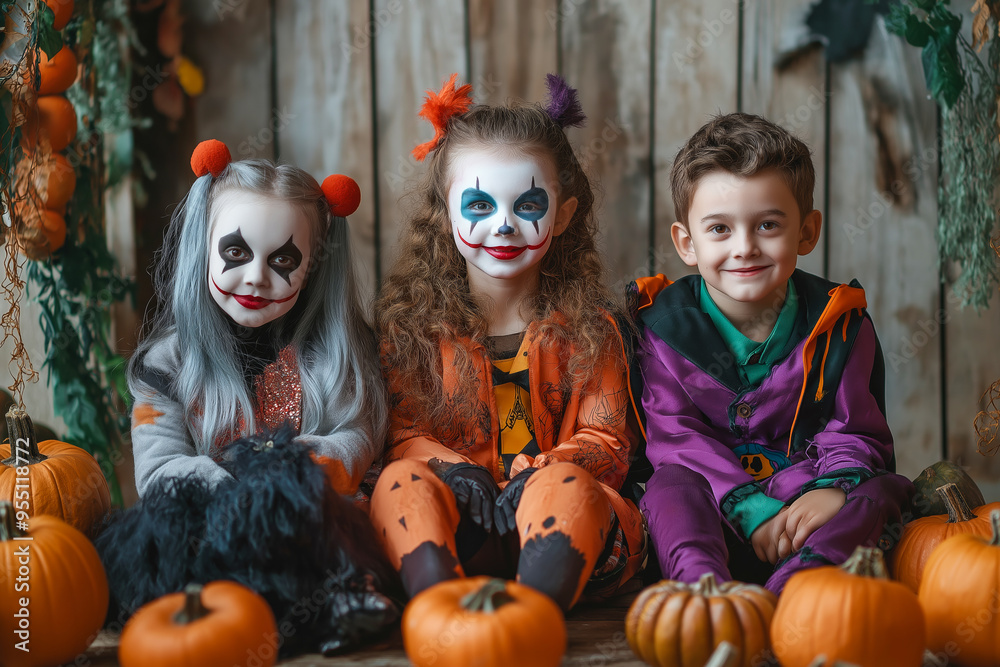 Children Halloween. Children dressed as creepy clowns with vibrant makeup and colorful costumes Children Halloween. Children dressed as creepy clowns with vibrant makeup and colorful costumes