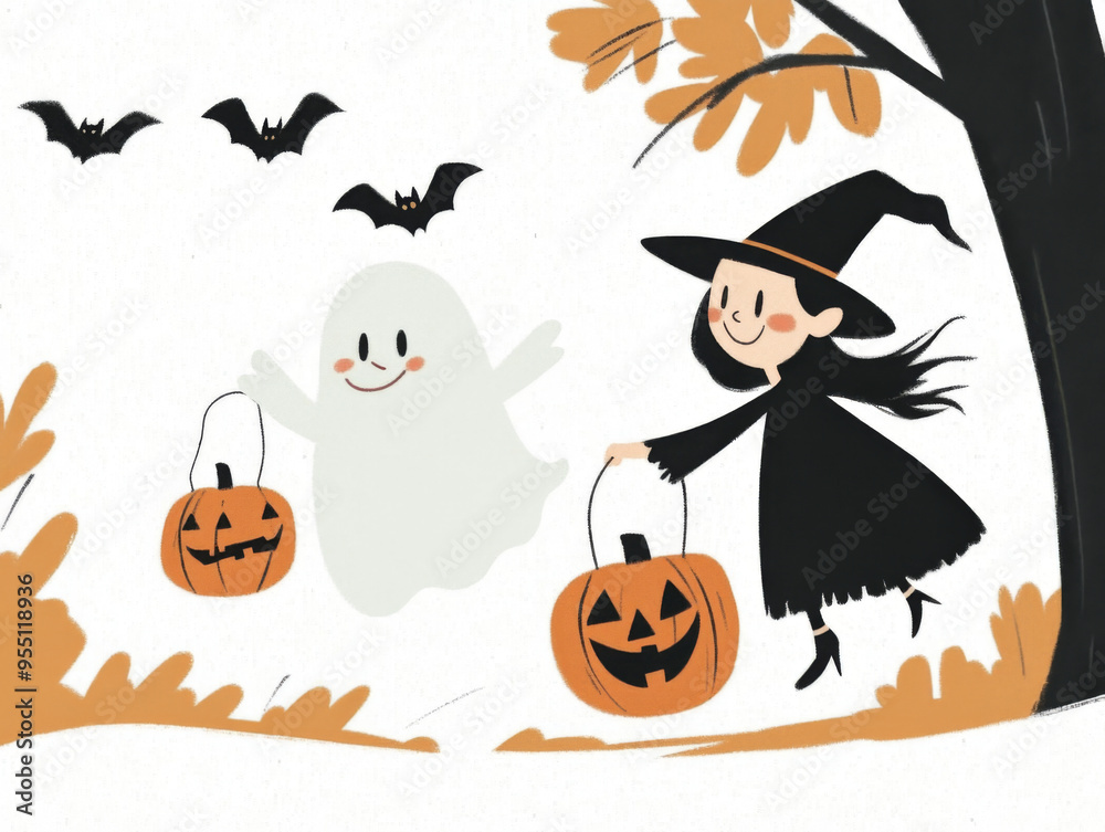 Whimsical Halloween Illustration with Smiling Ghosts and Jack-o'-Lantern Whimsical Halloween Illustration with Smiling Ghosts and Jack-o'-Lantern