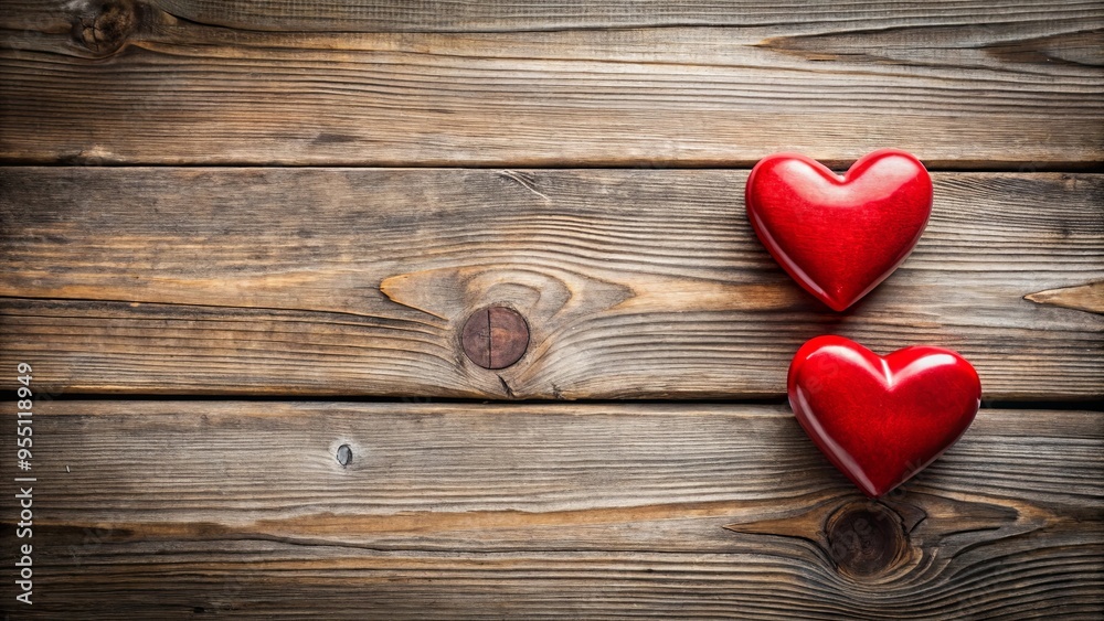 Valentine's day background with two red hearts on rustic wooden surface Valentine's day background with two red hearts on rustic wooden surface