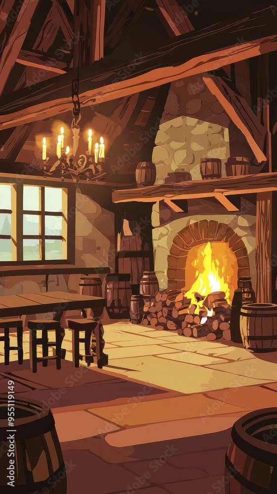 A Welcoming Medieval Tavern: Warmth radiates from the crackling fireplace, casting an inviting glow upon the wooden tables and stools. Barrels line the walls A Welcoming Medieval Tavern: Warmth radiates from the crackling fireplace, casting an inviting glow upon the wooden tables and stools. Barrels line the walls