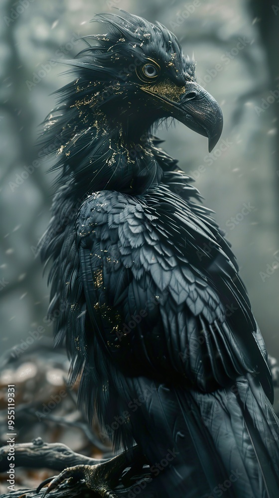 Fototapeta premium A black bird with gold speckles sits in a misty forest.