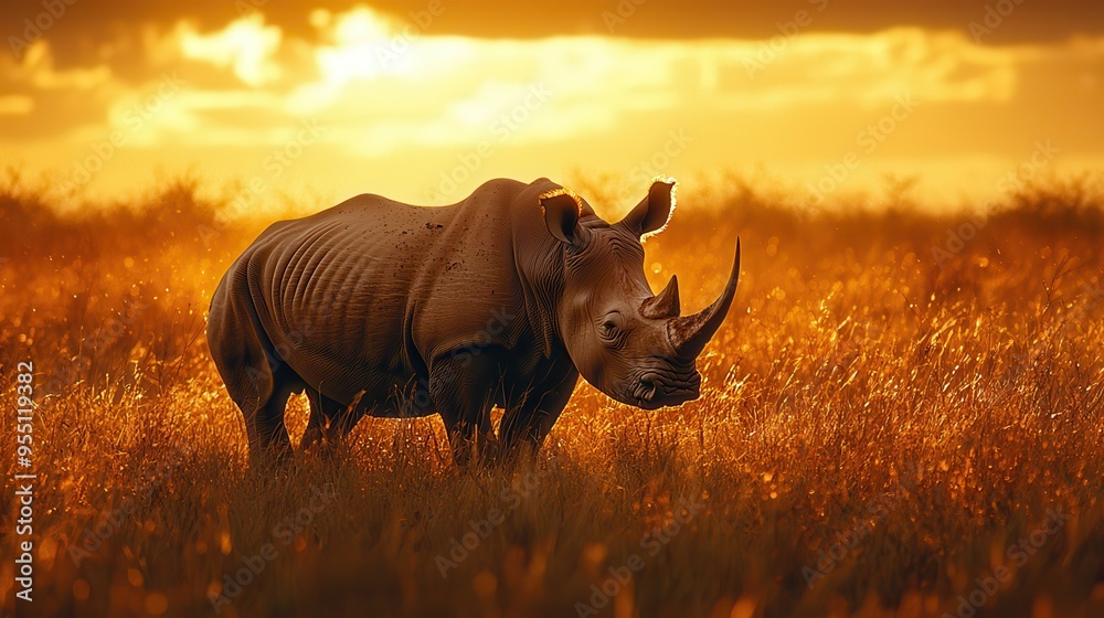 Obraz premium Majestic Rhino Grazing in African Savanna at Sunset with Long Shadow - Wildlife Safari Adventure in Golden Light