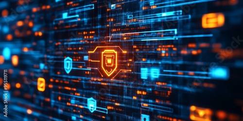 Macro view of a computer screen displaying security protocol details, with highlighted encryption keys and digital shields for robust protection