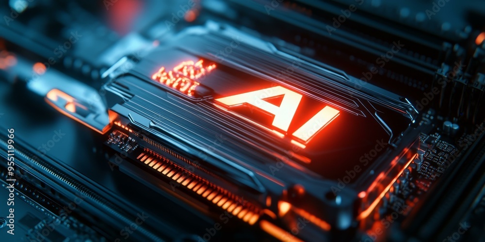 Obraz premium AI processor glowing red on motherboard.