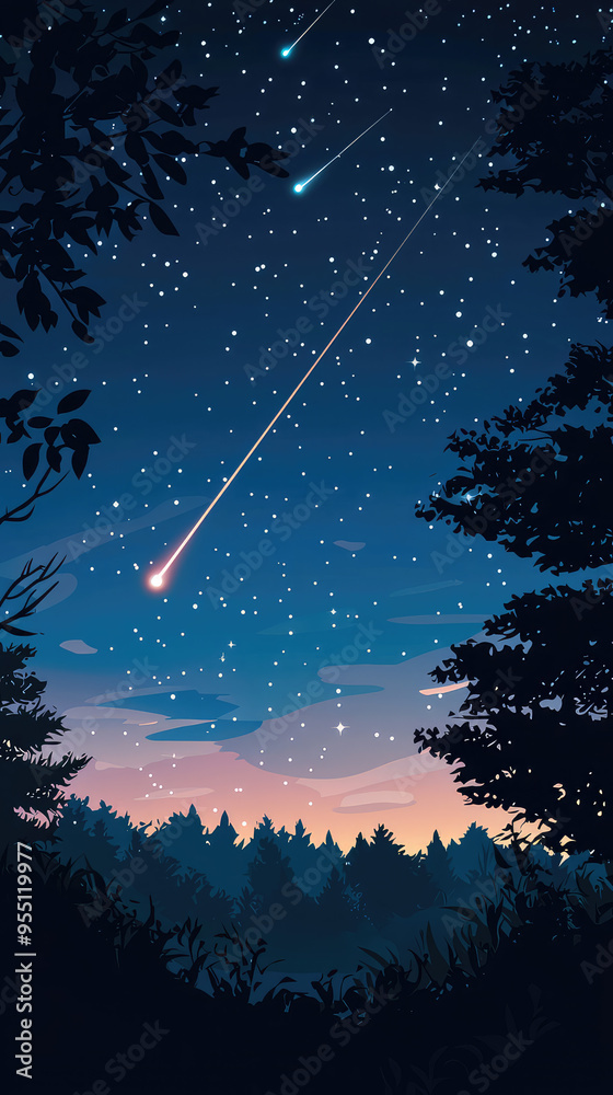 A breathtaking meteor shower illuminates the night sky above a dark forest, casting a magical glow on the landscape. A breathtaking meteor shower illuminates the night sky above a dark forest, casting a magical glow on the landscape.