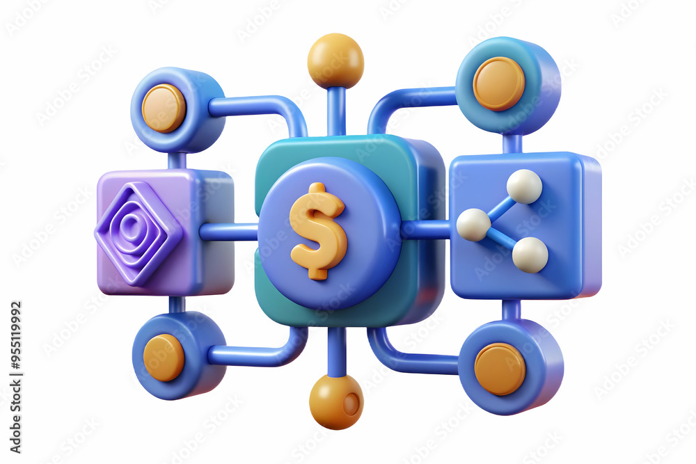 3D AI Fintech with Dollar Path Concept - Financial Technology Icons Linked in Streamlined Path of AI Cost Management, Isolated White Background 3D AI Fintech with Dollar Path Concept - Financial Technology Icons Linked in Streamlined Path of AI Cost Management, Isolated White Background