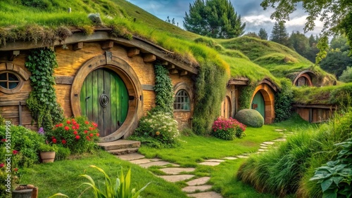 Hobbit village with unique round door houses and grass-covered roofs