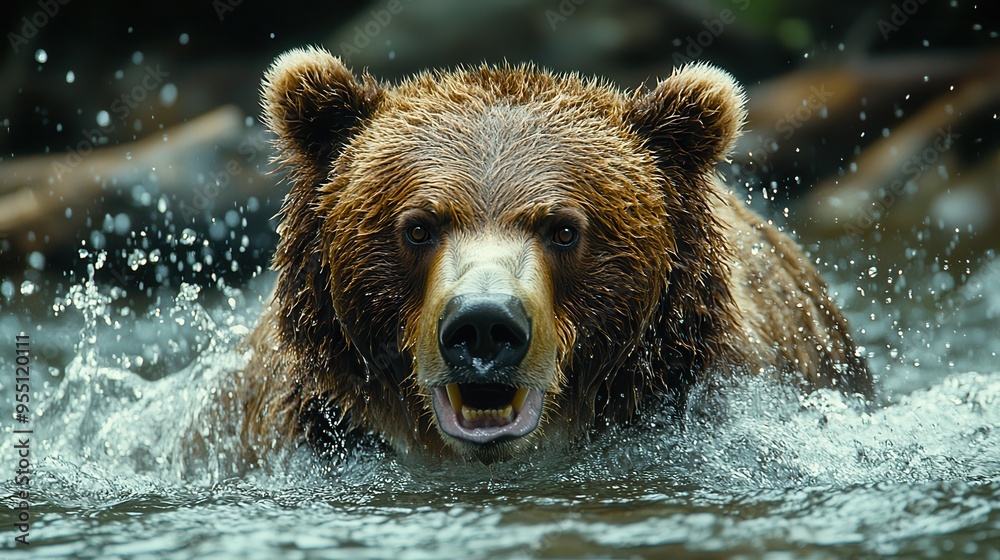 Majestic Grizzly Bear Fishing in Rushing River with Water Splashing - Wildlife Photography in Action Majestic Grizzly Bear Fishing in Rushing River with Water Splashing - Wildlife Photography in Action