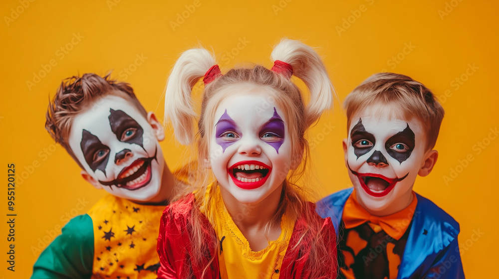 Children Halloween. Children dressed as creepy clowns with vibrant makeup and colorful costumes Children Halloween. Children dressed as creepy clowns with vibrant makeup and colorful costumes