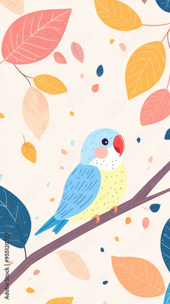 A Tiny Parakeet Perched on a Branch, Surrounded by Colorful Falling Leaves, a Whimsical Illustration. A Tiny Parakeet Perched on a Branch, Surrounded by Colorful Falling Leaves, a Whimsical Illustration.