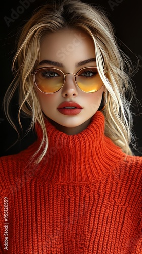 A woman in a red sweater with glasses and red lipstick