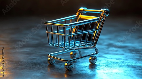 Shopping cart icon, with rounded edges and a shiny metal texture, 3D icon photo