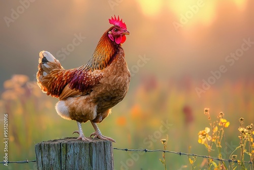 A Rooster Perched on a Fence Post at Sunset photo