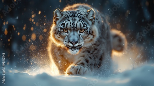 Stealthy Snow Leopard Roaming Snowy Mountain Ridge photo