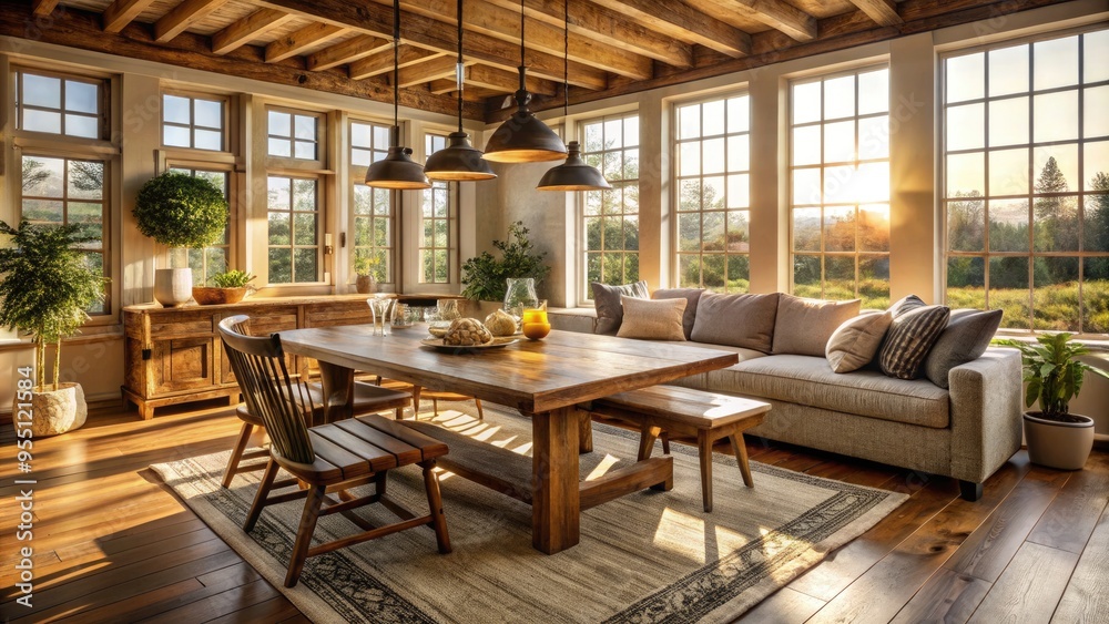 Rustic Farmhouse Furniture, Including A Wooden Table, Chairs, And A Bench, Fills A Cozy Living Room With Warm, Natural Light Streaming Through The Windows Behind. Rustic Farmhouse Furniture, Including A Wooden Table, Chairs, And A Bench, Fills A Cozy Living Room With Warm, Natural Light Streaming Through The Windows Behind.
