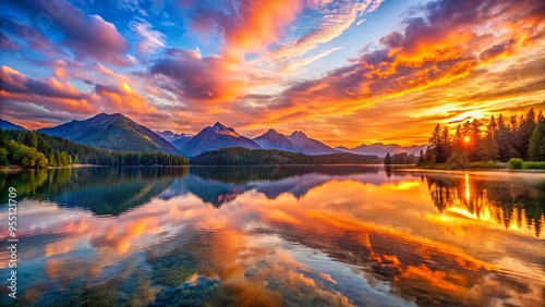 Vibrant sunrise over mountains reflecting in calm lake