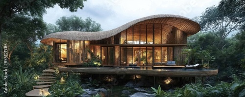 Sustainable bamboo house, with a thatched roof, open-air design, and natural ventilation, 3D architecture photo