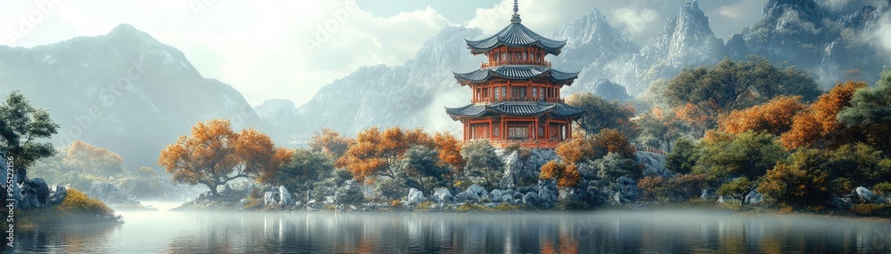 Obraz premium Traditional Chinese pagoda, with layered roofs, detailed woodwork, and surrounding gardens, 3D architecture