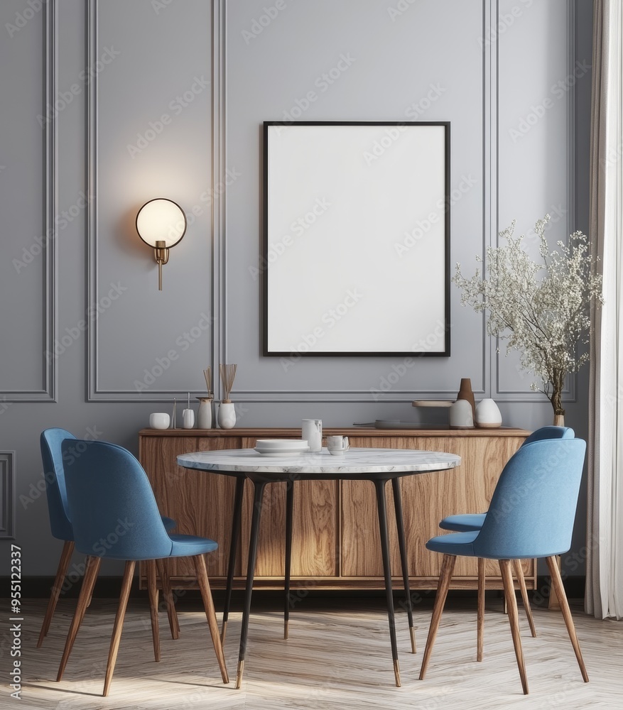 An interior design of a modern dining room or living room with a marble table and chairs. A timber sideboard is positioned over a blue wall. Home interior. 3D rendering. An interior design of a modern dining room or living room with a marble table and chairs. A timber sideboard is positioned over a blue wall. Home interior. 3D rendering.