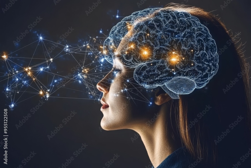 Analytical thinking Axon Side profile of a woman with a digital brain illustrating the fusion of human intellect and artificial intelligence in a modern technological world