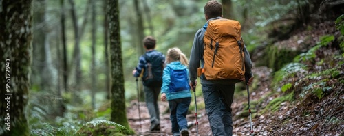 A family hiking through a forest trail