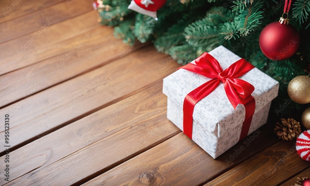 A vibrant and realistic close-up shot of a beautifully wrapped Christmas gift with a red ribbon, placed on a wooden surface with Christmas decorations in the background A vibrant and realistic close-up shot of a beautifully wrapped Christmas gift with a red ribbon, placed on a wooden surface with Christmas decorations in the background