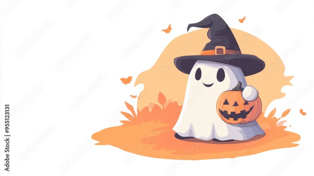 A cute cartoon ghost wearing a witch hat, holding a pumpkin, perfect for Halloween-themed designs and illustrations. A cute cartoon ghost wearing a witch hat, holding a pumpkin, perfect for Halloween-themed designs and illustrations.