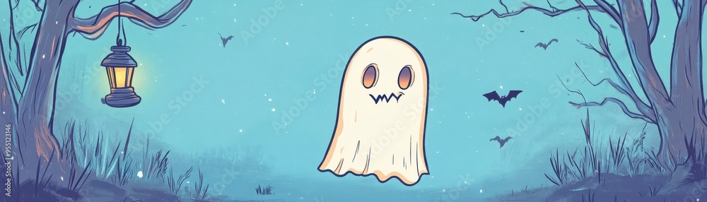 A cute cartoon ghost in a spooky forest, illuminated by a lantern, surrounded by bats and a serene night sky. A cute cartoon ghost in a spooky forest, illuminated by a lantern, surrounded by bats and a serene night sky.