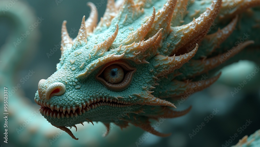 Obraz premium Young dragon with green skin close-up