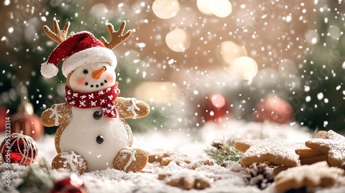  Festive Christmas Gingerbread Cookies, Snowman with Deer Antlers, and Christmas Tree on a Bokeh Background. Winter Wonderland and Seasonal Celebrations.