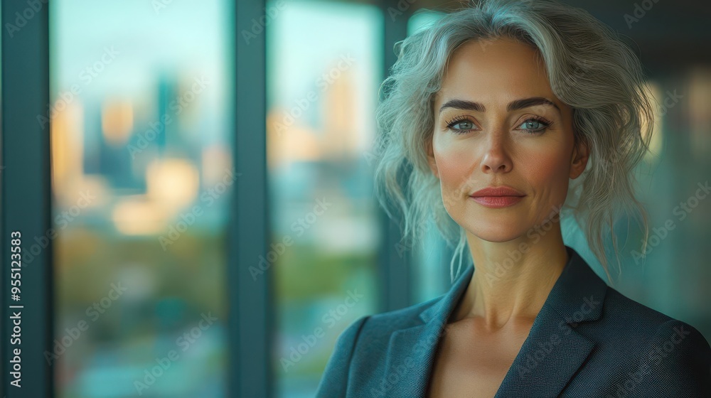 confident mature businesswoman in tailored suit standing in modern office city skyline visible through floortoceiling windows confident mature businesswoman in tailored suit standing in modern office city skyline visible through floortoceiling windows