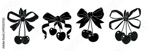 y2k aesthetic. cherry bows coquette design set. hand drawn black and white art vectors. ribbon bows girly elements